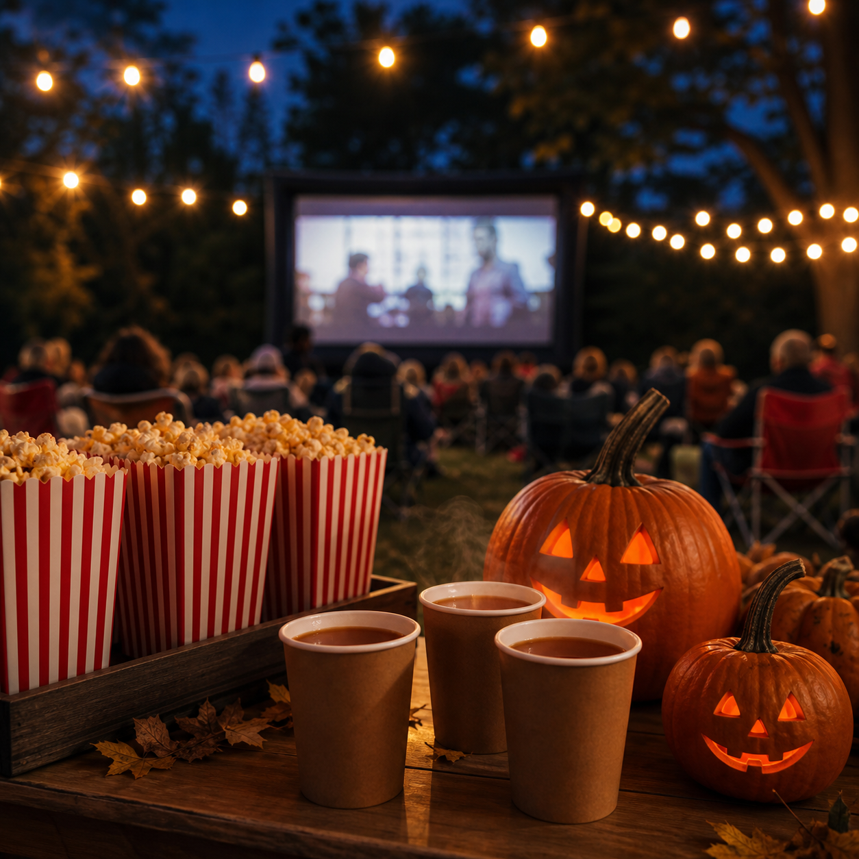 Popcorn and cups of cider on a table during an outdoor community movie night under string lights.
