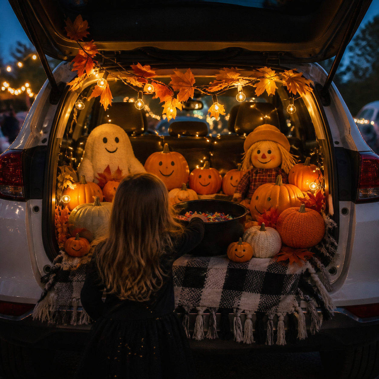 A warmly lit, family-friendly trunk display decorated with pumpkins and string lights at dusk.
